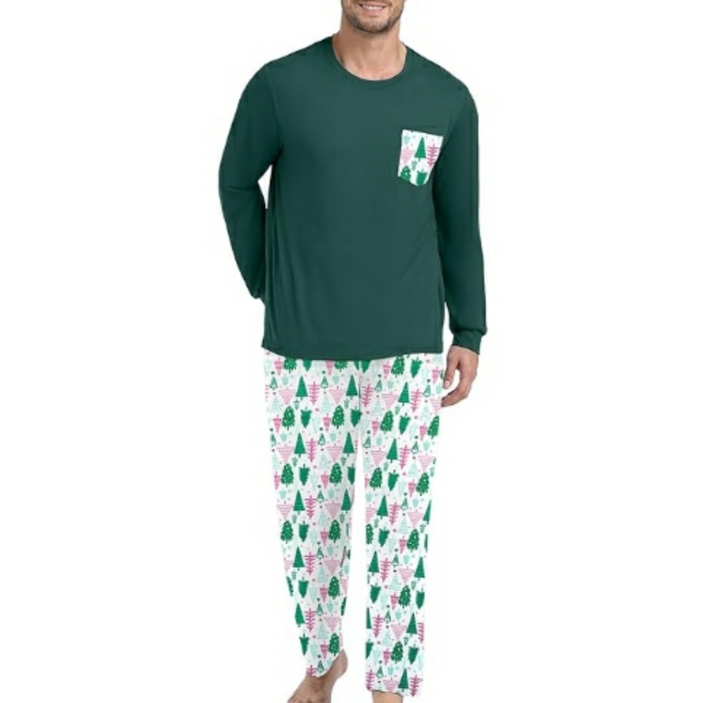 Men's Pajama Set Sleepwear Lightweight Long Sleeve Green /White New